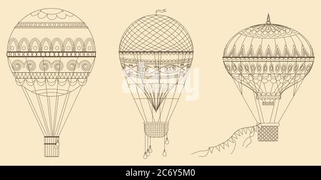 Illustration vintage des ballons à air chaud Vector. Collection de bordeaux à lignes fines Illustration de Vecteur