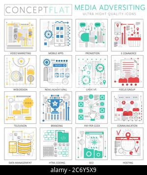 Infographics mini concept médias icônes publicitaires pour le Web. Éléments graphiques Web de qualité supérieure. Concepts de technologie de publicité multimédia Illustration de Vecteur