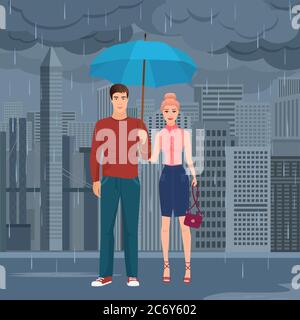 Jeune couple heureux paire debout sous le parapluie dans la rue dans l'illustration gris foncé de vecteur de jour de pluie Illustration de Vecteur