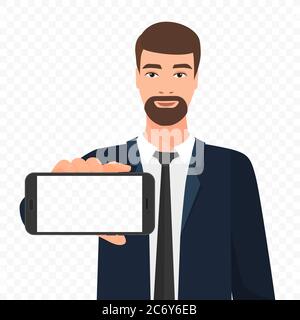 Homme d'affaires barbu montrant l'illustration vectorielle vide de l'écran du smartphone. Fond de l'écran du téléphone avec transmission alpha Illustration de Vecteur