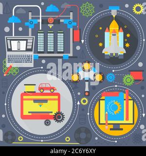 technologie 3d concept plat impression 3d et numérisation 3d icônes plates infographiques design éléments web, bannières d'affiche. Illustration vectorielle Illustration de Vecteur