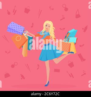 Jolie blonde jeune avec l'illustration vectorielle des sacs d'achats. Les icônes de shopping sont des arrière-pays Illustration de Vecteur