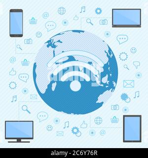 L'ordinateur, le smartphone, l'ordinateur portable et la tablette sont connectés au réseau wi-fi avec la carte du monde en arrière-plan Illustration de Vecteur