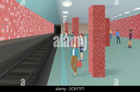 Illustration vectorielle horizontale des personnes se tenant dans le métro et attendant un train Illustration de Vecteur