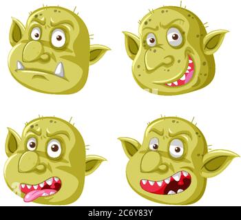 Ensemble de goblin jaune ou de troll face dans différentes expressions dans le style de dessin animé illustration isolée Illustration de Vecteur