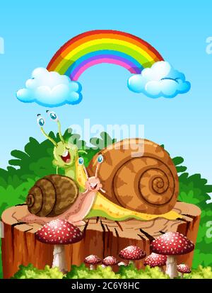 Deux escargots vivant dans le jardin en journée avec l'illustration de l'arc-en-ciel Illustration de Vecteur