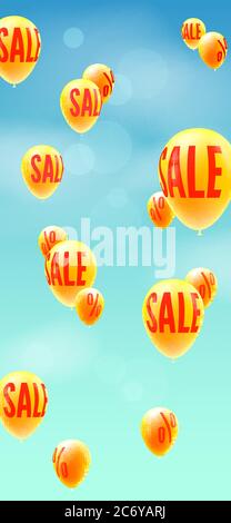 Faites des achats rapidement. Ballons jaunes avec des tirages à prix réduits flottant dans le ciel bleu. Fond vectoriel pour smartphones. Interface utilisateur du téléphone Illustration de Vecteur