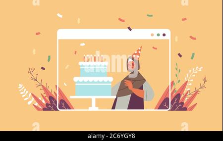 femme arabe dans chapeau festif célébration en ligne anniversaire fête célébration auto isolement quarantaine concept fille avec gâteau dans navigateur web fenêtre portrait illustration vectorielle horizontale Illustration de Vecteur