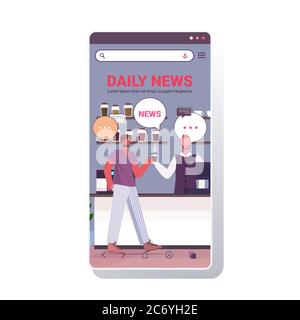 visiteur de café avec serveur discutant des actualités quotidiennes pendant la réunion chat bulle communication concept cafétéria intérieur smartphone écran mobile application pleine longueur copier espace illustration vectorielle Illustration de Vecteur
