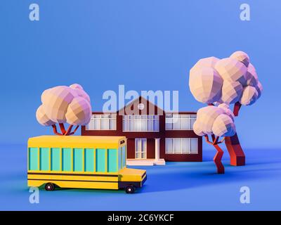 rendu 3d de bâtiments scolaires, arbres et bus scolaires sur fond bleu dans des couleurs néon. Concept de retour à l'école Banque D'Images