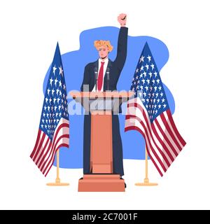 homme politique faisant un discours de tribune avec drapeau des états-unis 4 juillet l'indépendance américaine jour célébration concept pleine longueur illustration de vecteur Illustration de Vecteur