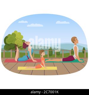 Parents avec enfant fait du yoga divers exercices. Illustration vectorielle de yoga familial Illustration de Vecteur