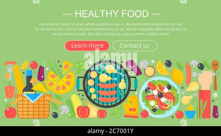 Collection de cuisine, modèle d'infographies sur les aliments sains, éléments d'en-tête Web, bannière d'affiche. Illustration du vecteur alimentaire Illustration de Vecteur