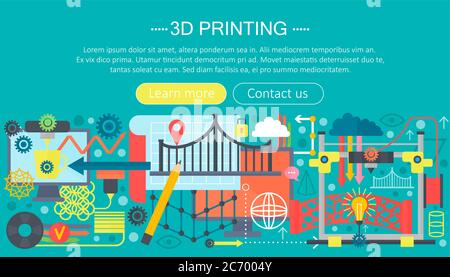 kit de conception plat de la technologie d'impression 3d. en-tête web de modélisation, d'impression et de numérisation 3d Illustration de Vecteur