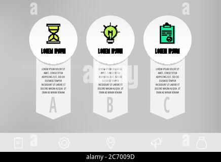 Infographies avec 3 cercles et flèches. Modèle vectoriel moderne. Peut être utilisé pour trois diagrammes, Web, bannière, présentation de flux de travail, présentations, organigramme Illustration de Vecteur