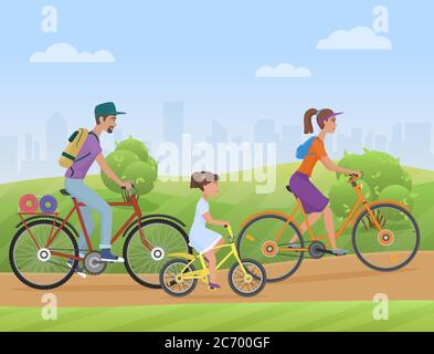 Une jeune famille avec une fille, un enfant, qui fait du vélo sur la route du parc. Illustration du vecteur vélo Famlly pour cyclistes Illustration de Vecteur