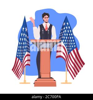 homme politique faisant un discours de tribune avec drapeau des états-unis 4 juillet l'indépendance américaine jour célébration concept pleine longueur illustration de vecteur Illustration de Vecteur