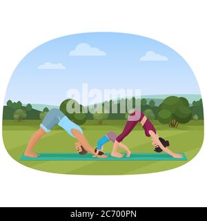 Parents avec enfant fait du yoga divers exercices. Illustration vectorielle de yoga familial Illustration de Vecteur