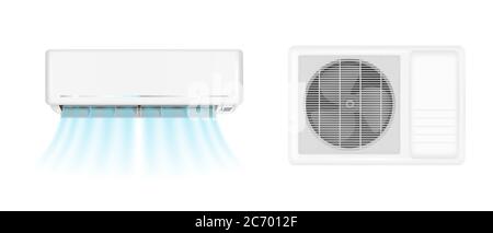 Climatiseur en mains sur le mur et ventilateur de climatisation sur la fenêtre. Maquette réaliste de vecteur de système divisé pour le contrôle de la température avec flux de vent froid. Climatisation isolée sur fond blanc Illustration de Vecteur