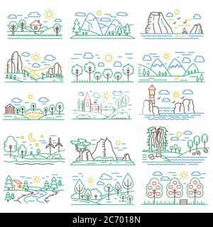 Nature couleur paysage de ligne de paysages avec des montagnes, des champs de forêt et de rivière. Illustration Banque D'Images