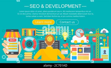 SEO et développement concept design infographiques modèle conception, web header seo icônes éléments. Illustration vectorielle Illustration de Vecteur