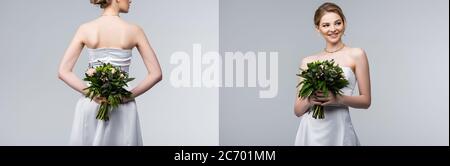 collage de mariée attrayante en robe de mariage tenant des bouquets de fleurs et souriant isolé sur gris Banque D'Images