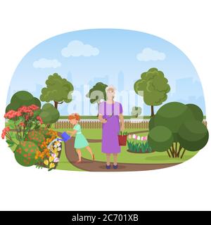 Illustration vectorielle de la fille arroser des fleurs avec la grand-mère dans son propre jardin Illustration de Vecteur