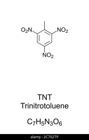 TNT, structure chimique et formule du trinitrotoluène. 2,4,6-trinitrotoluène, composé chimique et solide jaune, connu sous le nom de matière explosive. Banque D'Images