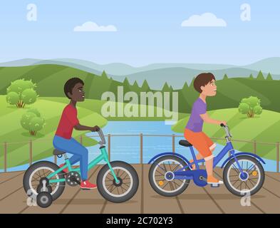 Enfants blancs et africains à vélo, enfants à vélo, enfants à vélo dans l'illustration vectorielle du parc Illustration de Vecteur