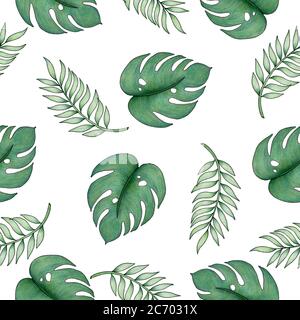 motif tropical sans couture avec feuilles de palmier et feuilles de monstère, illustration tropicale dessinée à la main pour les arrière-plans, le tissu ou l'emballage, dos tropical d'été Banque D'Images