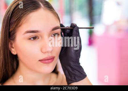 L'artiste maquilleur applique le maquillage des sourcils. Belle femme visage. Banque D'Images