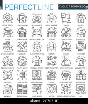 Les services de technologie de données Cloud définissent les symboles de concept. Icônes de lignes fines parfaites. Jeu d'illustrations de style linéaire de trait de connexion moderne Illustration de Vecteur