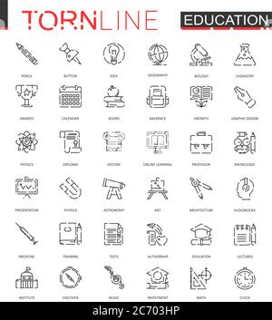 L'éducation scolaire fine ligne déchirée icônes Web ensemble. Motif icône de contour en pointillés Illustration de Vecteur