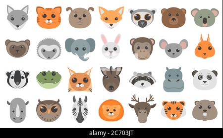 Mignon dessin animé différents animaux têtes ensemble isolé. Banque D'Images