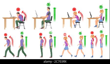 Homme et femme dans les positions correctes et incorrectes pour la colonne vertébrale. Illustration vectorielle Illustration de Vecteur