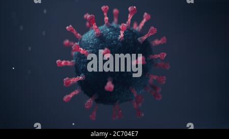 Vue photoréaliste en gros plan microscopique du coronavirus COVID-19 de la grippe, cellules sur fond. Illustration 3D Banque D'Images