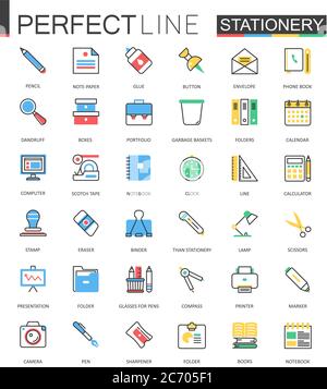 Papeterie de bureau. Icônes vectorielles modernes à lignes plates Illustration de Vecteur