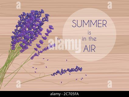 Fleurs rustiques violettes avec l'été dans l'air mots dans un cercle sur bois de plateau Illustration de Vecteur