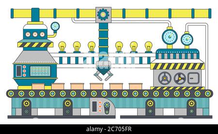 Illustration du vecteur de la ligne du tapis convoyeur industriel. Production de processus de convoyeur, convoyeur avec robot de machine Illustration de Vecteur