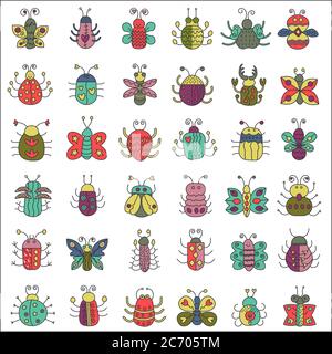 Jeu d'icônes insectes à lignes plates de couleur. Papillon, collection de bugs Illustration de Vecteur