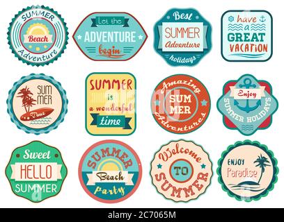 Vintage rétro grunge vacances été étiquettes et badges autocollants icônes ensemble Illustration de Vecteur