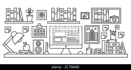 Table de bureau linéaire avec espace de travail et autres équipements dans l'illustration de l'intérieur du bureau. Modèle de bannière Web à ligne fine Illustration de Vecteur