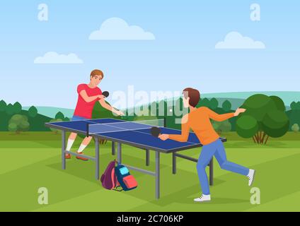 Ping-pong de table sur la nature. Illustration vectorielle de deux amis jouant au ping-pong Illustration de Vecteur