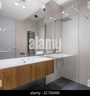 Salle de bains moderne avec meuble-lavabo en bois et grande douche Banque D'Images