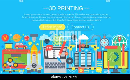 kit de conception plat de la technologie d'impression 3d. en-tête web de modélisation, d'impression et de numérisation 3d Illustration de Vecteur