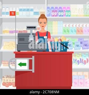 La vendeuse caissière se tient à la caisse au supermarché Illustration de Vecteur