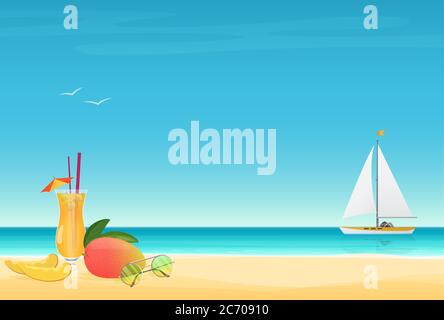 Cocktail de fruits de mangue sur le sable Beach Background avec yacht. Illustration vectorielle de l'affiche d'été Illustration de Vecteur