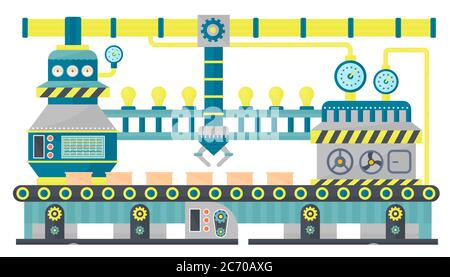 Ligne industrielle de convoyeur d'usine emballant les boîtes en carton. Système de tapis transporteur robotique, machine industrielle, chaîne de production, concept d'ingénierie. Illustration vectorielle de conception plate Illustration de Vecteur