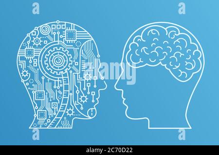 Contour de l'AVC Machinery tête de cyborg et l'humain avec le cerveau. Illustration vectorielle de style de ligne Illustration de Vecteur