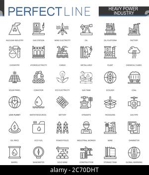 Jeu d'icônes Web fines de l'industrie de l'énergie lourde. Production d'énergie et renouvelable Contour icônes de conception Illustration de Vecteur